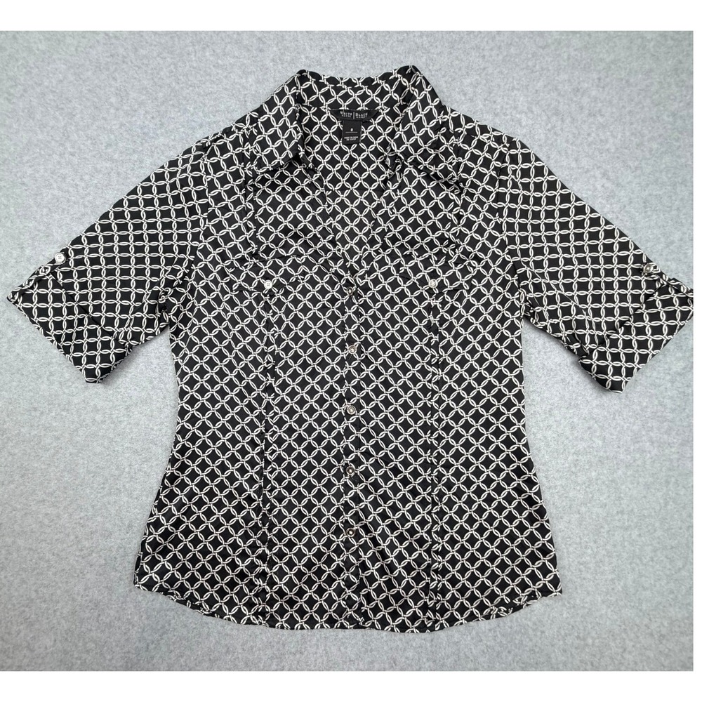 White House Black Market Black White Chain Link Button Up Blouse Top Size 8